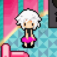 a pixel art drawing of a girl with white hair sitting on a toilet