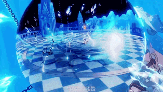 a blue and white checkered floor with chinese writing in the corner
