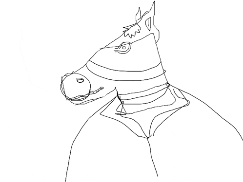 a black and white drawing of a horse with a collar