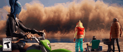 a person riding a motorcycle on a beach with a t on the bottom right