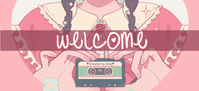 a girl is holding a cassette tape that says strawberry song on it