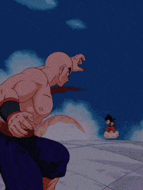 a bald man is standing in front of a blue sky with a cartoon character in the background