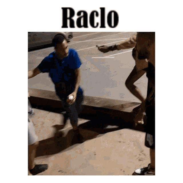 a man in a blue shirt is standing on a sidewalk with the word racio written above him