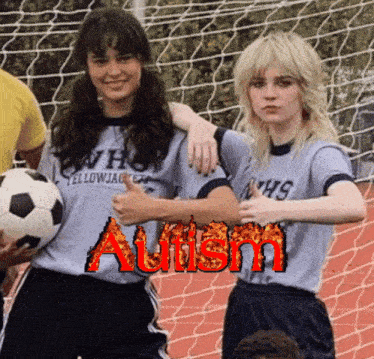 two girls are standing next to each other and the word autism is on the bottom