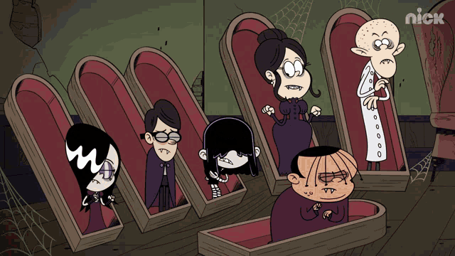 a group of cartoon characters sitting in coffins with the nick logo on the bottom left