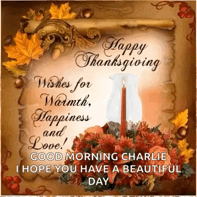 happy thanksgiving wishes for warmth , happiness and love good morning charlie i hope you have a beautiful day