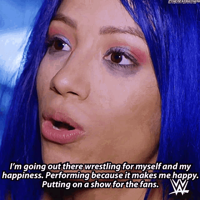 a woman with blue hair says i 'm going out there wrestling for myself and my happiness