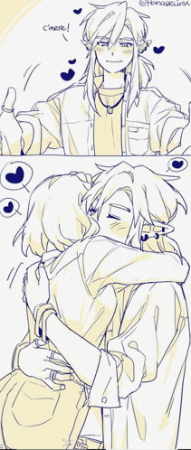 a drawing of a man hugging another man with the words c'here written on the bottom