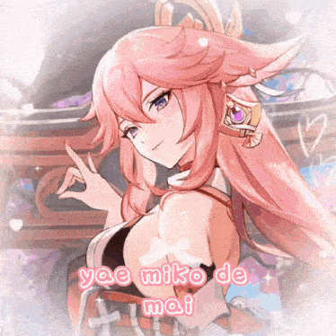 a picture of a girl with pink hair and the words yae miko de mai