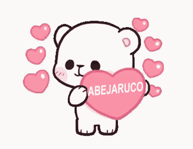 a teddy bear is holding a pink heart with the word abejaruco written on it surrounded by pink hearts .