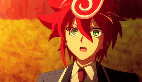 a red haired anime character with green eyes