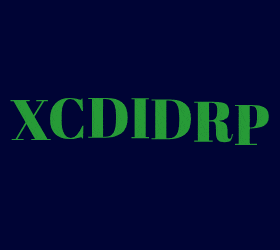 a blue background with green letters that says xcdi drp