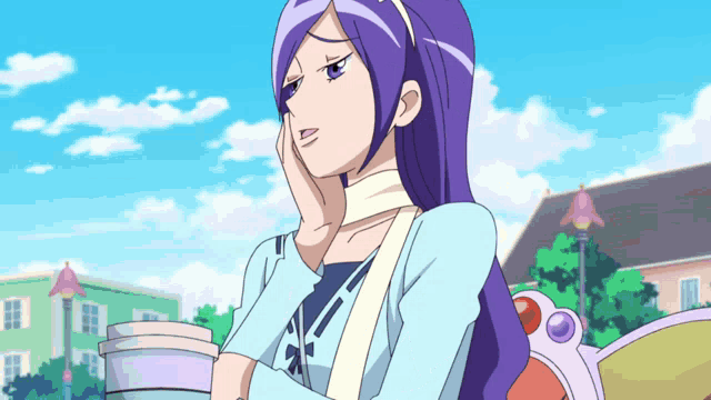 a woman with purple hair holds a cup of coffee