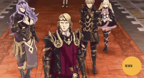 a group of anime characters are standing next to each other with a yellow review circle in the corner