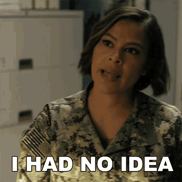 a woman in a military uniform has the words i had no idea above her