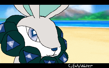 a pixel art drawing of a rabbit on a beach with the words " c : eats water " at the bottom
