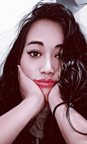 a woman with long black hair has her hand on her chin