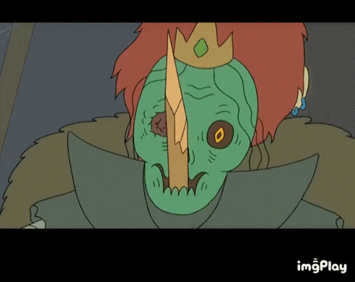 a cartoon of a king with a crown on his head and a hole in his eye