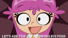 a cartoon girl with pink hair says let 's ask the all known koi fish
