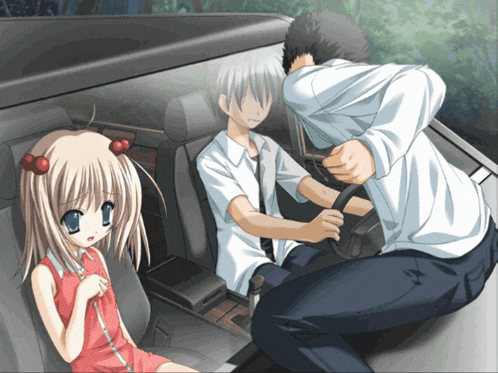 a little girl is sitting in the back seat of a car with two men