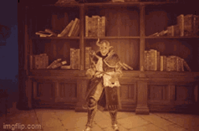 a person holding a sword in front of a bookshelf
