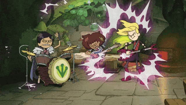 a cartoon of a band with a green arrow on a drum