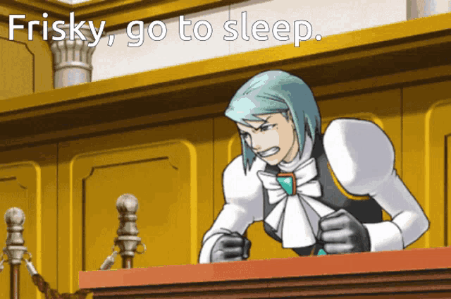 a cartoon of a man with the words frisky go to sleep behind him