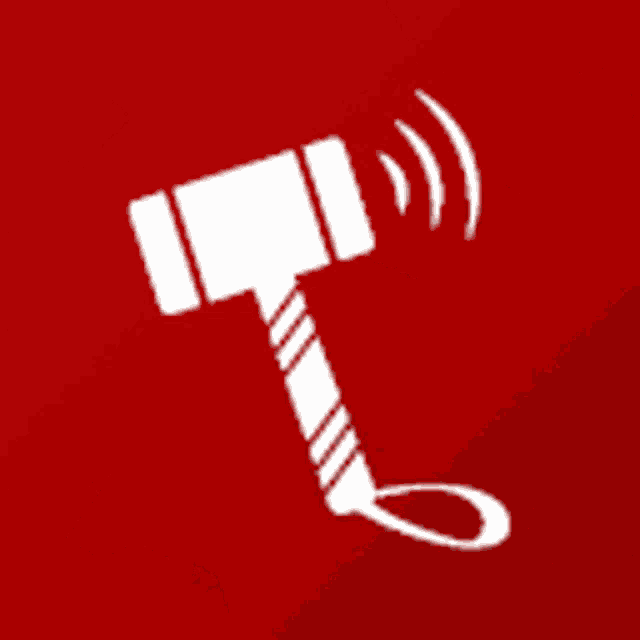 a white hammer on a red background with a sound coming out of it
