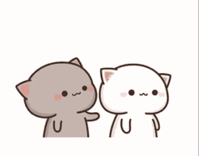 a couple of cartoon cats are standing next to each other and petting each other .
