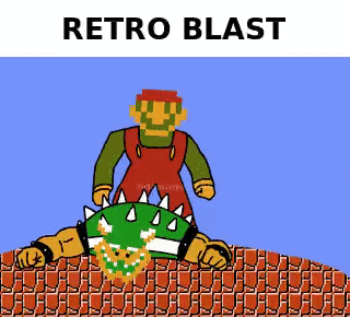 a cartoon of a man standing on top of a cartoon character with the words retro blast below him