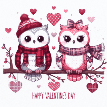 two owls are sitting on a branch with the words happy valentine 's day written below them