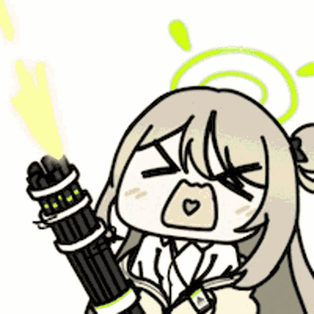 a cartoon girl is holding a gun with a light coming out of it .