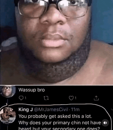 a man wearing glasses and a beard has a reply from king j