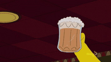 a group of cartoon characters holding beer mugs with foam on top