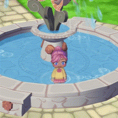 a cartoon girl is standing in a fountain