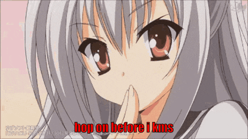 a picture of a girl with the words " hop on before i kms "