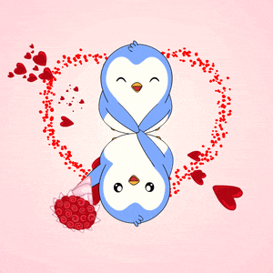 a couple of penguins holding a bouquet of flowers