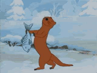 a cartoon of an otter holding a fish with the letter b on it