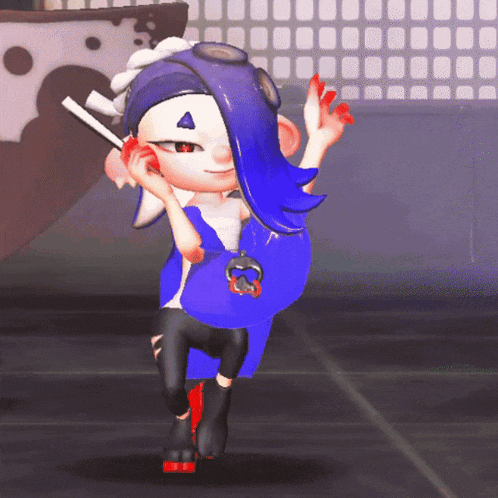 a cartoon character with blue hair and red nails is walking