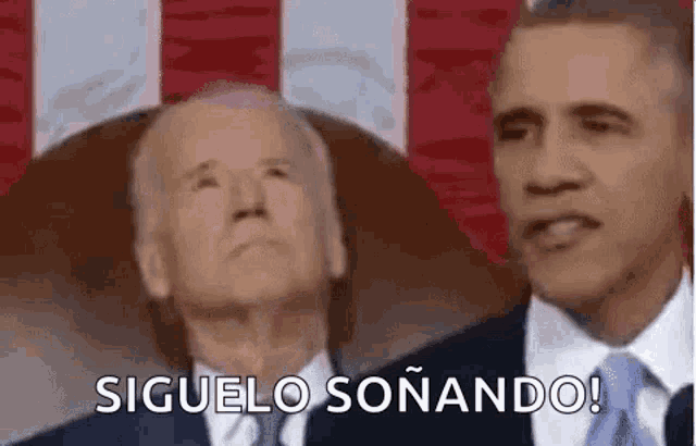 barack obama and joe biden are standing next to each other in front of a flag .