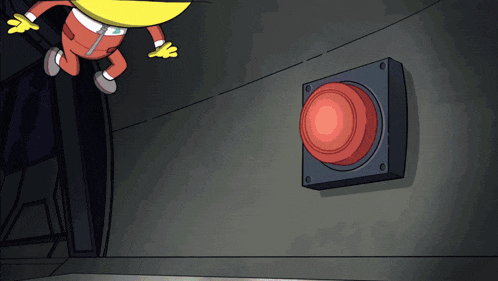 a cartoon character is jumping in the air near a red button