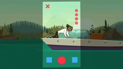 a cartoon drawing of a person on a boat with an x on the bottom right