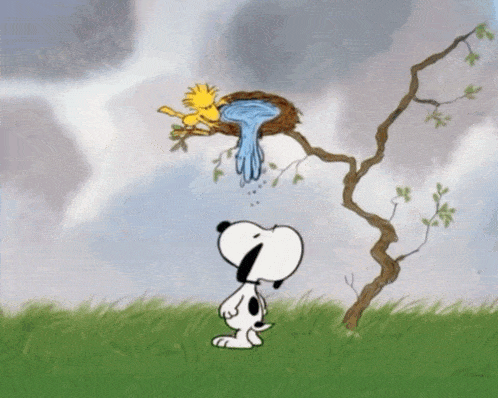 a cartoon drawing of snoopy and woodstock looking at a bird nest