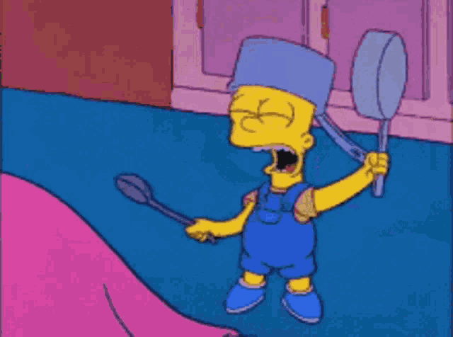 bart simpson is holding a spatula and a spoon in his hand