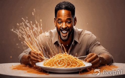 a man is smiling while eating a plate of spaghetti