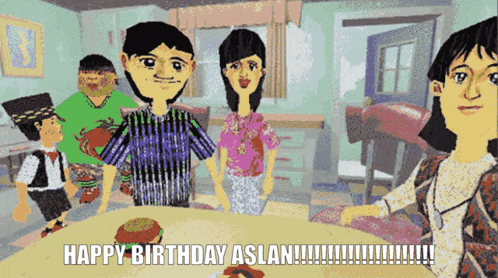 a cartoon of a family celebrating a birthday with the caption happy birthday aslan !!!