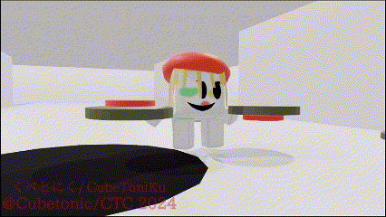 a cartoon character with a red hat and a green eye is standing in a white room .