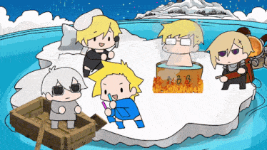 a group of cartoon characters are on a small island in the middle of the ocean with the letters bb on it