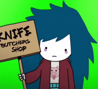 a cartoon character is holding a sign that reads knife butchers shop