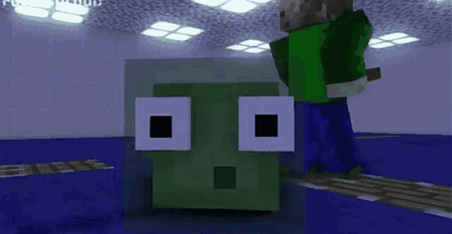 a minecraft character is standing in a room with a green block with square eyes